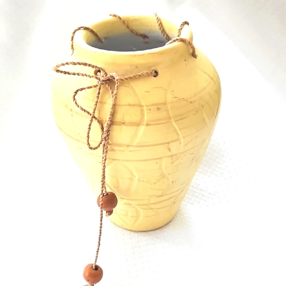 Southwestern Style Terra Cota Painted Yellow Vase With Rope Accent 6
